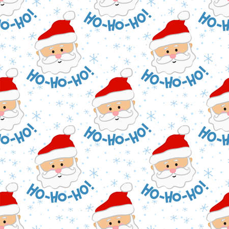 Seamless new year pattern with Santa Claus and phrase ho ho ho. Christmas gift background in blue and red colors. Vector illustrationのイラスト素材