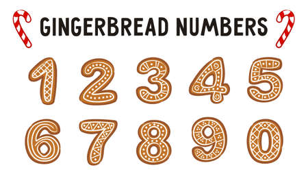 Set of Christmas gingerbread numbers. Festive figures for the design of posters and postcards. Delicious brown baked goods with white glaze. Vector illustration.のイラスト素材