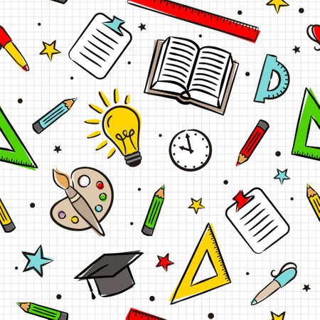 Seamless cartoon pattern with school elements on a sheet in a box. Kids Pattern with education objects: ruler, book, lightbulb, palette, pen, pencil and stars. Vector background.のイラスト素材