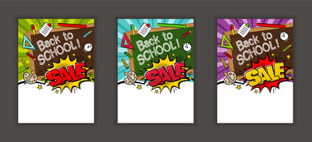 Back to School Sale Comic banners in popart style with an empty field for text. Explosion and school items on a bright ray background. Set of Blanks for an advertising offer or poster. Vector templateのイラスト素材