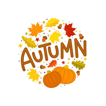 Cute Autumn lettering emblem with fall leaves, pumpkins and acorns. Hand drawn round for postcard, poster or banner. Vector illustration in doodle style isolated on white backgroundのイラスト素材