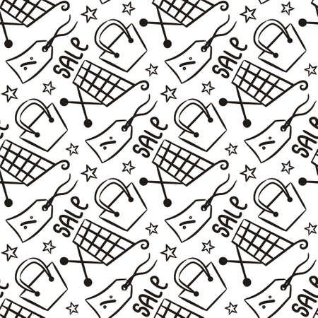 Seamless sale pattern. Hand-drawn elements for discounts. Shopping cart, labels, bag and stars. Vector illustration in doodle style for showcase and trading floor decoration.のイラスト素材