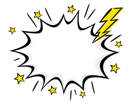 Comic empty explosion with lightning in popart style. Isolated White box for content. Cartoon Vector illustration. Template for offer, announcement or discount.のイラスト素材