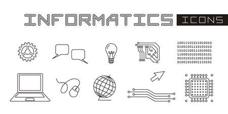 A set of linear isolated elements for informatics. Microprocessor, circuit, laptop and other high-tech objects Vector illustration for educational projects, banners and posters.のイラスト素材