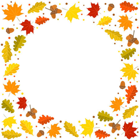 Autumn round frame made from hand-drawn foliage. Yellow and orange leaves of maple and oak, oak acorns. Template or blank for fall decor. Vector illustration.のイラスト素材