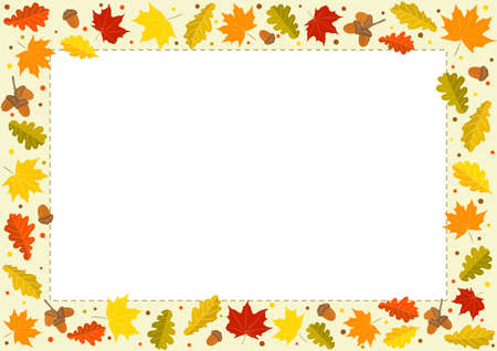 Autumn rectangle frame made from hand-drawn foliage. Yellow and orange leaves of maple and oak, oak acorns. Template or blank for fall decor. Vector illustration.のイラスト素材