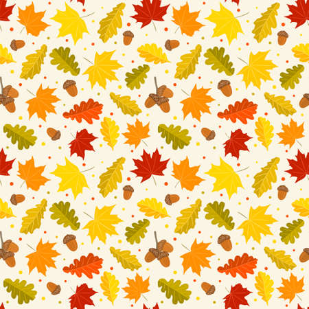 Seamless autumn pattern. Background from hand-drawn autumn maple and oak leaves and acorns. Fall. Vector doodle style illustration for calendar, season, fabric, cover or banner.のイラスト素材