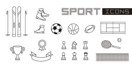 A set of linear isolated elements for Sport. Equipment for various sports: skiing, ball games, chess, tennis and others. Vector illustration for banners, posters, training and competition projects.のイラスト素材