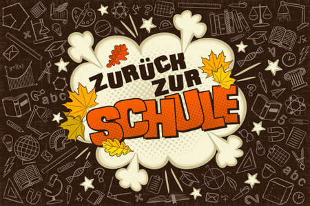 Translation from german: Back to School. Comic banner in popart style. Explosion and autumn leaves on chalkboard. Blank for school banner, presentation, template. Vector illustrationのイラスト素材