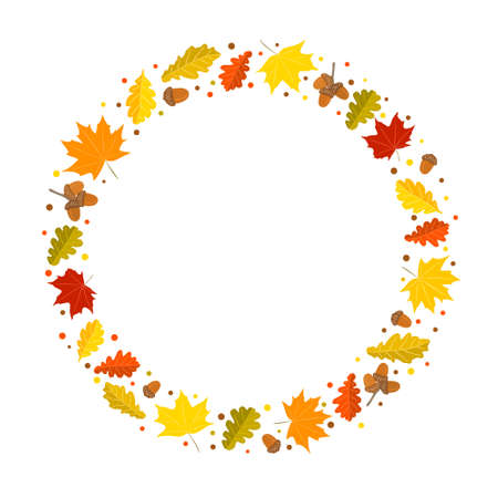 Autumn round frame made from hand-drawn foliage. Yellow and orange leaves of maple and oak, oak acorns. Template or blank for fall decor. Vector illustration.のイラスト素材