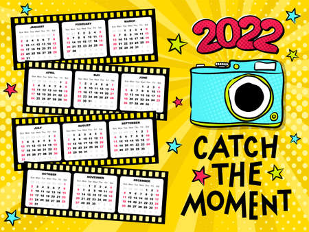2022 yearly Calendar template for photographers. 12 months in photo film. Week starts on Sunday. Bright pop art lettering. Happy new year motivational card. Vector illustration. Catch the momentのイラスト素材
