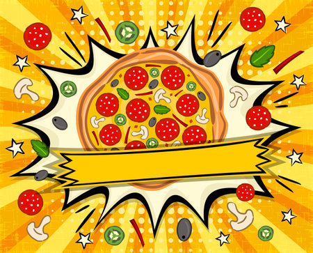 Bright comic banner for pizza announce. Pop art Template for a poster or flyer. Ray template for pizzeria, cafe or restaurant. Vector illustration, vintage food design.のイラスト素材