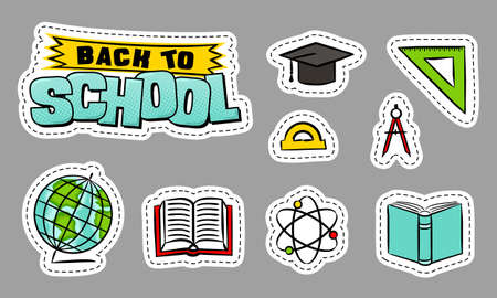 Back to school. A set of School element stickers. Educational icons, physics, science, geometry, algebra. Vector illustration for badges, labels, banner, poster, flyer or bookletのイラスト素材