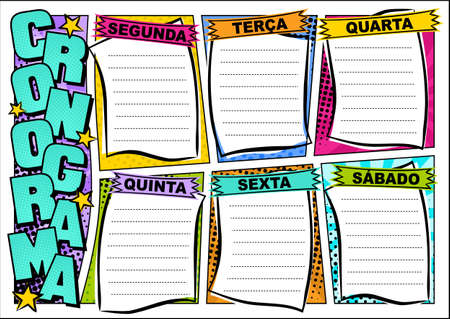 Portuguese Comic template of a school schedule for 6 days of the week. Cartoon Blank for a list of school subjects. Transaltion: Timetable, Monday, Tuesday, Wednesday, Thursday, Friday. Vector popartのイラスト素材