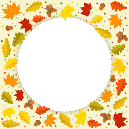 Autumn round frame made from hand-drawn foliage. Yellow and orange leaves of maple and oak, oak acorns. Template or blank for fall decor. Vector illustration.のイラスト素材