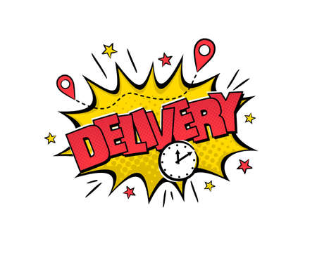 Pop art Delivery icon. Comic explosion with navigation, stars and clock in cartoon style. Vector illustration for sticker, badge, poster, banner or fast courier.のイラスト素材