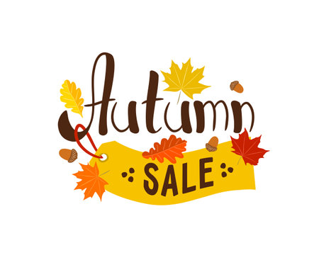 Hand-drawn lettering for Autumn sale. Icon with autumn leaves and yellow discount price tag. Vector illustration for banners, flyers, advertising campaignsのイラスト素材