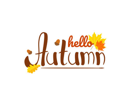 Hello, Autumn lettering with fall leaves and acorns. Hand-drawn icon for postcard, poster, or banner. Vector illustration in doodle style isolated on white backgroundのイラスト素材