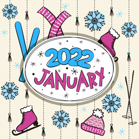 Thematic template for a calendar for 2022. The month of January. Design for a calendar with winter elements. Pattern for printing yearbooks and notebooks. Vector hand-drawn illustration, doodle style.のイラスト素材