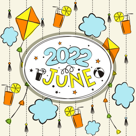 Thematic template for a calendar for 2022. The month of June. Design for the calendar on the theme of summer, clouds, kites and lemonade. Yearbooks. Vector hand-drawn illustration, doodle style.のイラスト素材