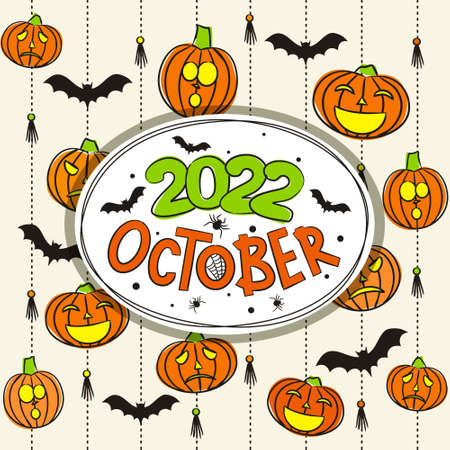 Thematic template for a calendar for 2022. Month of October. Design for the calendar on the theme of autumn, pumpkins, Halloween and bats. Vector hand-drawn illustration, doodle style.のイラスト素材