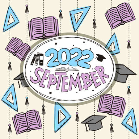 Thematic template for a calendar for 2022. September month. Design for the calendar on the theme of autumn, school, education and the day of knowledge. Vector hand-drawn illustration, doodle style.のイラスト素材