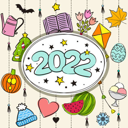 Thematic template for a calendar for 2022. Cover for the calendar with the seasons. Pattern for printing yearbooks and notebooks. Vector hand-drawn illustration, doodle style.のイラスト素材