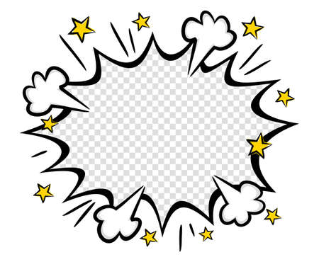 Comic empty explosion with puffs of smoke in popart style. Isolated White box with transparent. Cartoon Vector illustration. Template for offer, announcement or discount.のイラスト素材