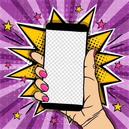 Comic bright banner with mobile phone in female hand. Explosion, Smartphone with transparent screen in pop art style. Template for web design, banners, cards, coupons and posters. Vector illustrationのイラスト素材
