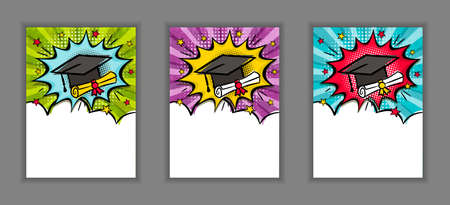 Bright pop art banner for Graduation with cap, scroll and stars. Cartoon text frame on a ray background. Comic educate Template for web design, banners, cards, coupons and posters. Vector illustrationのイラスト素材