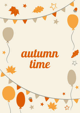 Autumn time. Card template with fall leaves, balloons, flags and acorns. Hand drawn layout for postcard, thanksgiving poster or banner. Vector illustration in doodle style.のイラスト素材