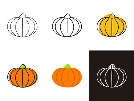Pumpkin icons set isolated on white background. Hand-drawn contour icon in doodle style, flat and chalk on blackboard. Vector illustration for the theme of harvest, thanksgiving, halloween, vegetablesのイラスト素材