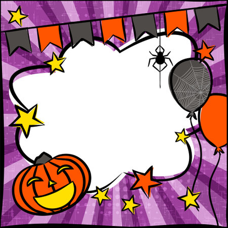 Pop art frame with comic Pumpkin, stars and balloons. Bright Template with hanging spider, flags and white cloud frame for a poster or banner. Vector illustration on the Halloween party or ads.のイラスト素材