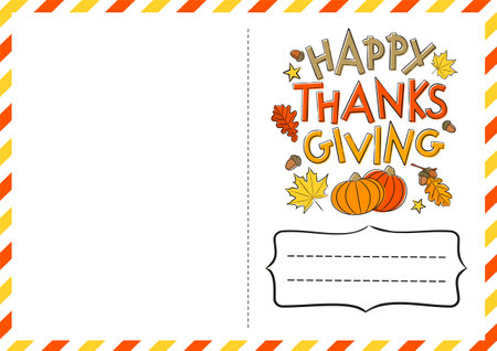 Happy Thanksgiving Day. Postcard sending congratulations. Hand-drawn autumn leaves and pumpkins. Blank for envelope decoration. Vector illustration.のイラスト素材