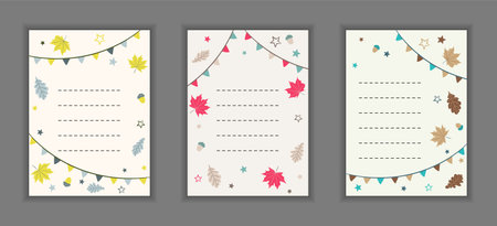 Set of Autumn Card templates with fall leaves, flags and acorns. Hand drawn layout for postcard, thanksgiving poster or banner. Vector illustration in doodle style.のイラスト素材
