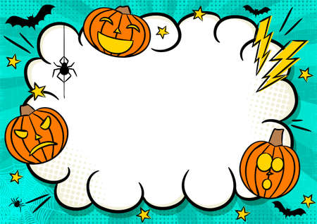 Comic Halloween frame with Pumpkins, stars and lightning. Bright Template with hanging spider, bats and white cloud frame for a poster or banner. Vector illustration on the party or ads.のイラスト素材