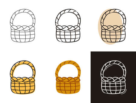 Basket icons set isolated on white background. Wicker pottle isolated. Hand-drawn contour icon in doodle style, flat and chalk on a black board. Vector illustrationのイラスト素材