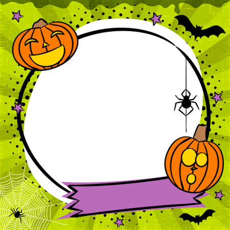 Comic Halloween round frame with Pumpkins, stars and bats. Bright Template with hanging spider, bats and white frame for a poster or banner. Vector illustration on the party or ads.のイラスト素材