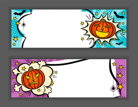 Bright comic banner for Halloween with Pumpkins, stars, bats. Cloud text frame on ray background. Pop art party Template for design, flyers, banners, cards, coupons, posters. Vector illustrationのイラスト素材