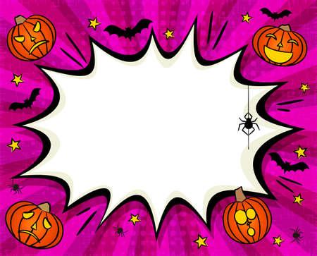 Comic Halloween frame with Pumpkins, stars, bats and spiders. Bright Template with explosion for a poster or banner. Vector illustration on the party or ads.のイラスト素材