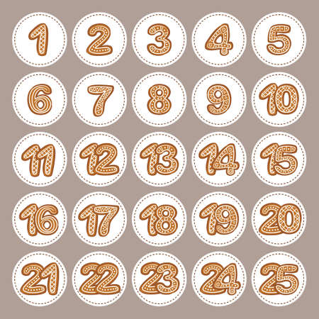 Gingerbread Advent calendar. Advent stickers with numbers from 1 to 25. Christmas advent calendar, hand drawn style. Vector illustration.のイラスト素材