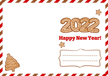 2022 Happy New Year postcard with gingerbreads. Greeting card template for sending. Hand drawn Christmas decor. Vector illustration on the theme of air mail and the new year.のイラスト素材