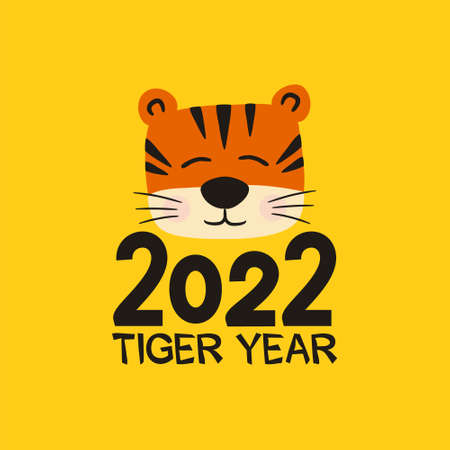 Cute tiger symbol of 2022 year. Yellow New Year banner. 2022 calendar heading. Vector illustration for the design of Chinese New Year cards and posters.のイラスト素材