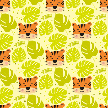 Seamless summer pattern with jungle leaves and tiger cubs. Monstera green background for kids printing. Design with tropical, heat, relaxation, exotic plants. Doodle Vector illustrationのイラスト素材