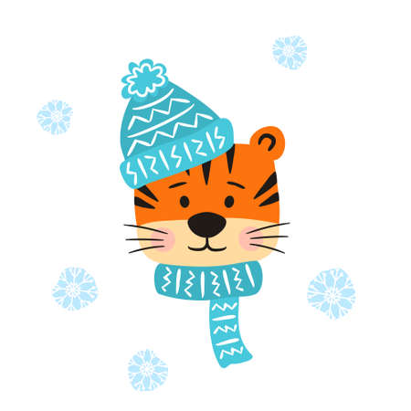Tiger cub in a knitted hat and scarf on a background of winter snowflakes. Printing for children's clothes, T-shirts, greeting cards, books, posters. Vector illustration.のイラスト素材