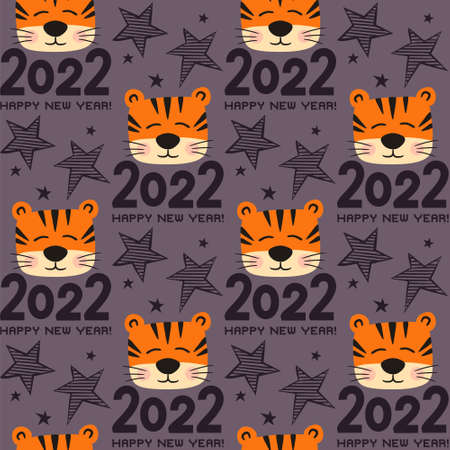 2022 Happy New Year. Seamless holiday pattern with stars and tiger cubs. Vector illustration for the design of New Year cards, christmas decor, calendars, Wrapping paper and posters.のイラスト素材