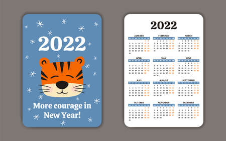 2022 Pocket Calendar template with cute tiger. Symbol of 2022 year. 12 months yearly calendar. Week starts on Monday. Vector illustration. Motivational cardのイラスト素材