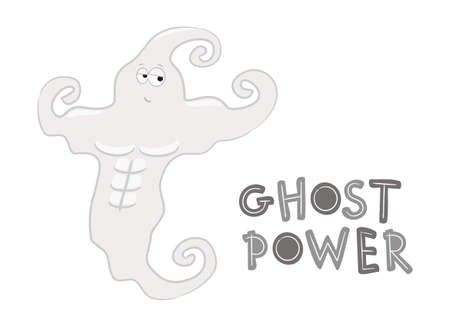 Ghost Power. Cartoon muscular ghost from the gym. A terrible strong athlete. Vector illustration on the theme of sports, bodybuilding, Halloween.のイラスト素材