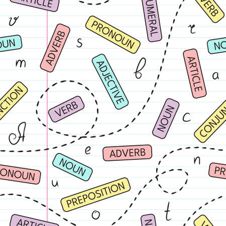 Seamless pattern on notebook sheet in a line with names of the parts of speech. Handwritten letters in a notebook. Background on the theme of school, grammar, education, learning, literacy, spelling.のイラスト素材