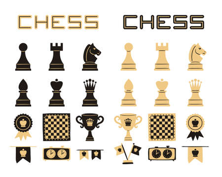 Set of hand drawn chess icons. Chess pieces, checkerboard, cup, medals and flags. Black and beige isolated pictures for the design of sports projects and competitions. Vector illustration.のイラスト素材